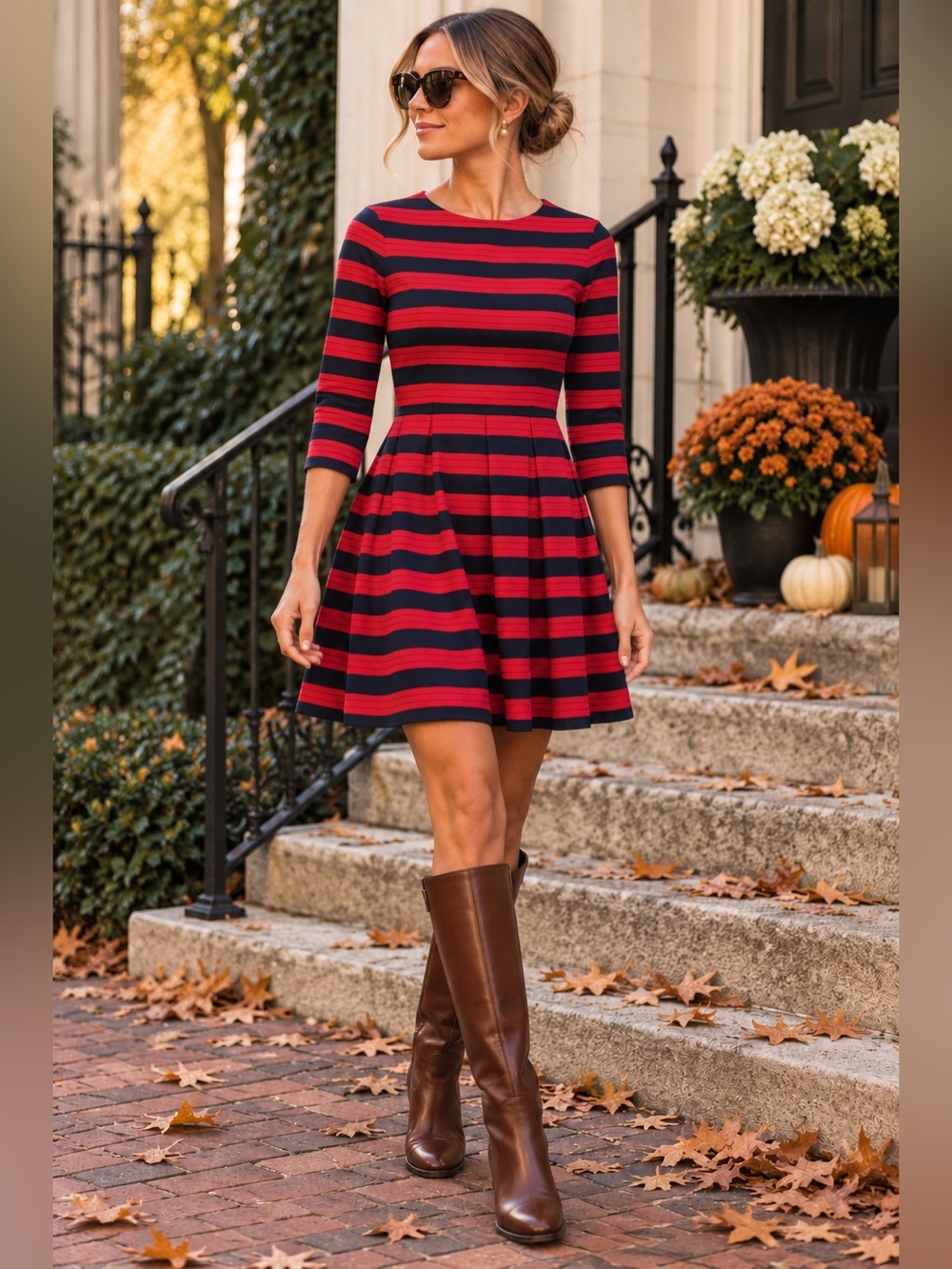 GAP Red Navy Striped Fit Flare Ponte Dress 3/4 Sleeve Size 4 Preppy